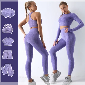 2/3/5PCS Femei fără Sudură Yoga Set de Antrenament de Alergare Sport Îmbrăca Fitness Jambiere Maneca Lunga active wear pentru femei Costume de Sport