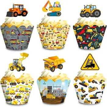 2 buc Camion de Construcții Cupcake Toppers și Ambalaje Set Buldozer, Tractor, Excavator Tematice pentru Copii Băieți Petrecerea de Ziua Supplie