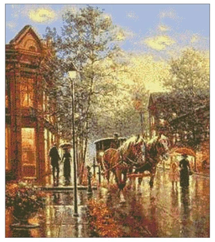 Amishop Calitate De Top Numărat Drăguț Minunat Goblen Kit Apus De Soare Ploaie Ploua Strada Seara Cu Trasura De Cai