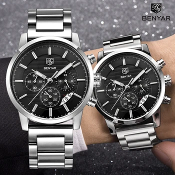 BENYAR Afaceri cuarț ceasuri barbati ceasuri sport pentru bărbați din oțel inoxidabil ceas multifuncțional bărbați rezistent la apă, cronograf 2022
