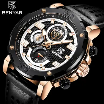 Benyar Bărbați Multifuncțional de Sport Cronograf Top Brand de Lux Cuarț Bărbați de Agrement din Piele Impermeabil Ceas Reloj Hombre