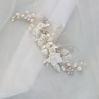 Din Portelan Alb Cu Flori Nunta Pieptene Parul Bucată Perle Bijuterii Mireasa Handmade Femei Caciula Ornament De Par