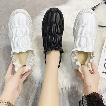 Femei Pantofi de Bumbac Alb, Nou, Întinde Alunecare pe Plat Adidasi Casual de Moda de Iarnă Rotund Toe Waterproof de Pluș Cald Apartamente Încălțăminte