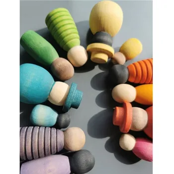Lemn Montessori Jucării Handmade Curcubeu Peg Păpuși Împreună Stivuire Figurine Blocuri Pentru Copii Joc Deschis