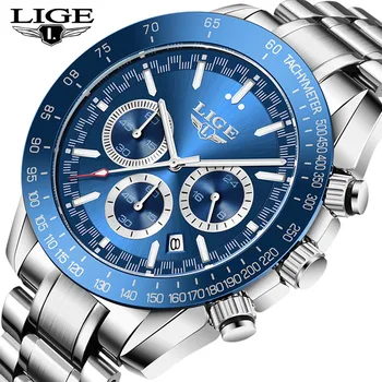 LIGE Bărbați Ceasuri de Moda Albastru Oțel Inoxidabil Impermeabil Sporturi Ceas Barbati Lux Luminos Data de 24 Ore Cronograf Cuarț Ceas
