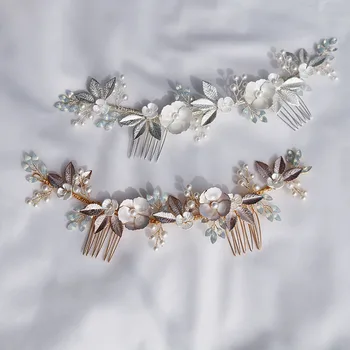Lung Păr De Nunta Pieptene De Aur De Argint De Culoare Frunză Florale Rochie De Mireasă Lucrate Manual Cu Perle Femei Coroana De Păr
