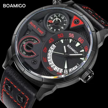 mens ceasuri fashion barbati sport cuarț ceas BOAMIGO brand dual time data de ceasuri de curea din piele rezistent la apa relogio masculino