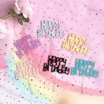 Noi Acrilice Happy Birthday Cake Topper Bomboane Culori Transparente Cupcake Topper Pentru Petrecerea De Ziua Consumabile Tort Decorare Steaguri
