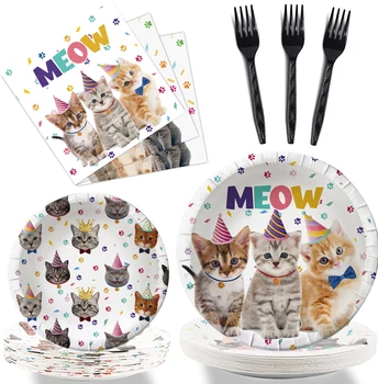 Pisoi Consumabile Partid Set Farfurii De Hârtie Cupe Prânz Servetele Cat Petrecere Decoratiuni Laba De Pisica Pentru Copii De Unică Folosință Tablewares
