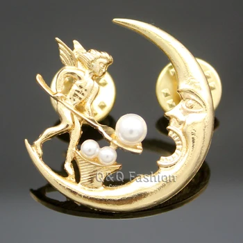 Placate Cu Argint Antic Înger Zână Hrănire Luna Cresent Perla Baroc Rever Broșă Pin Bijuterii Noi